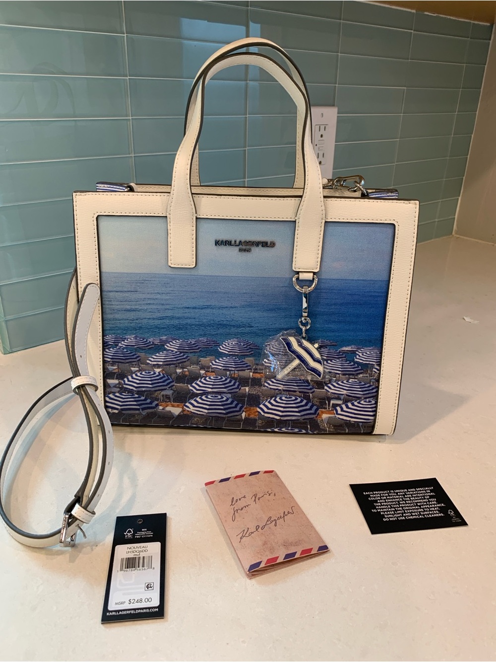Karl Lagerfeld Rare White Satchel with Coastal Umbrella Print & Charm NWT